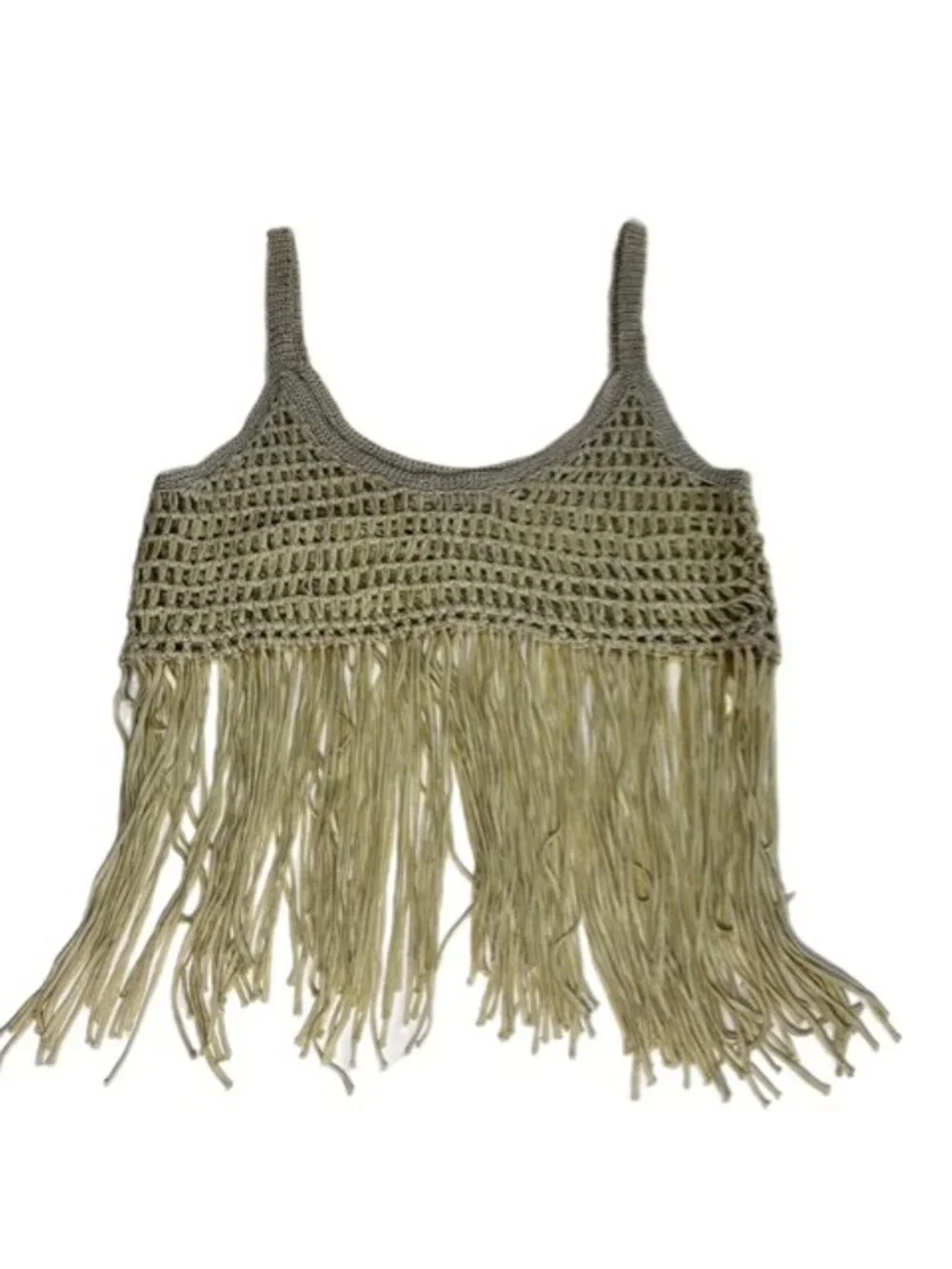 Yuni Apparel Boho Fringe Crochet Swimsuit Coverup Light Green Size S